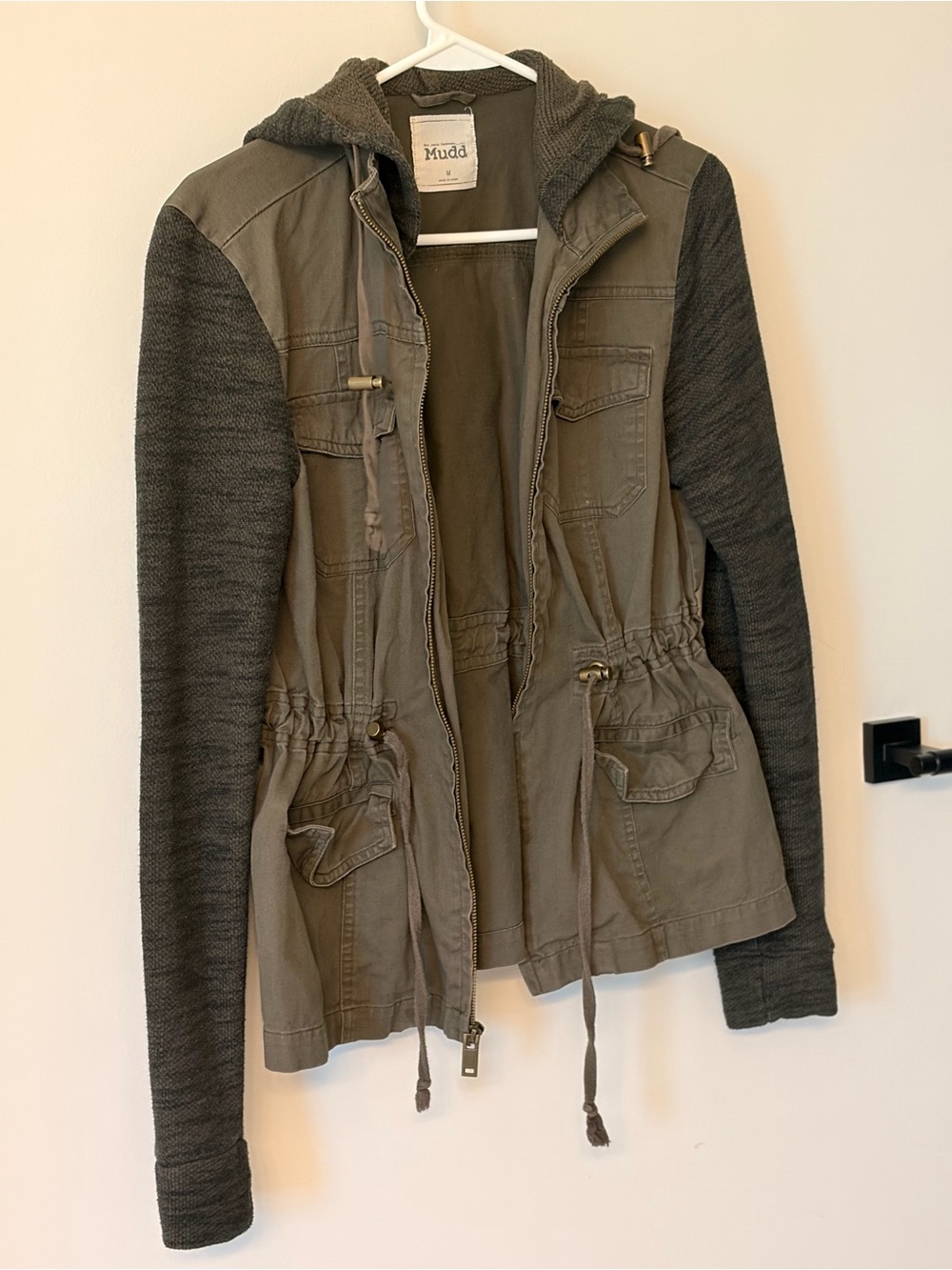 Mudd Olive Utility Jacket with Dark Gray Knit Sleeves and Hood